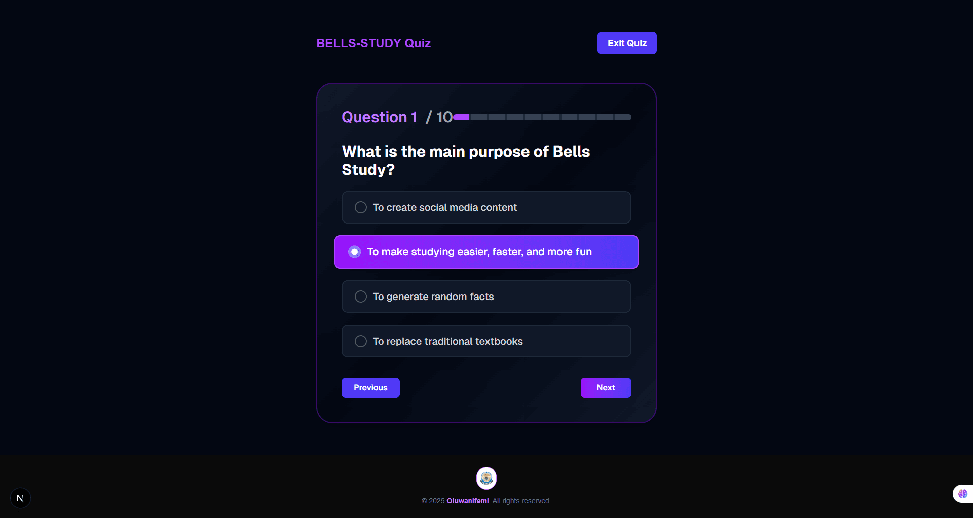 Bells Study V1 interface showcasing AI and software engineering by Nifemi Bello