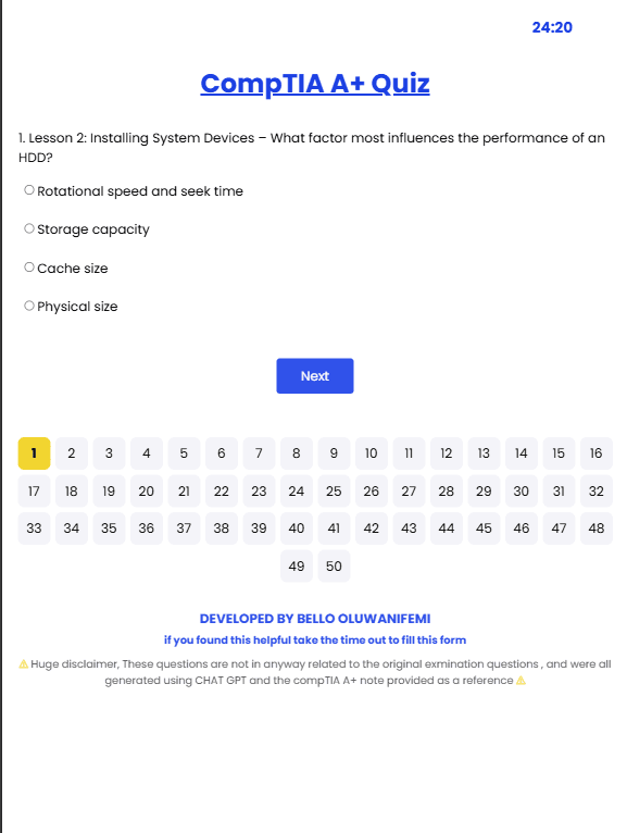 CompTIA A+ Quiz interface showcasing AI and software engineering by Nifemi Bello